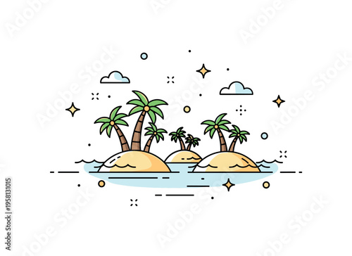 Remote island archipelago small isolated islands with palm trees rising from open ocean waters under a bright sky suggesting distant tropical destinations.