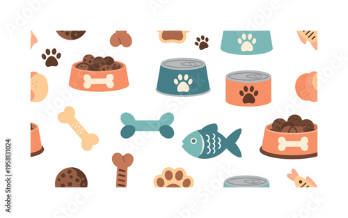 pet nutrition elements kibble bowls treats cans and paw prints stylized as cheerful pet care motifs, flat vector rounded forms, bright modern palette with ?