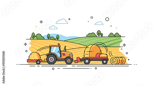 Haying tractor in a wide landscape with rolling fields, distant trees, and hay bales being collected, emphasizing harvest season, farm productivity, and rural