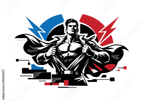 Black and white heroic stance figure mid-reveal with fabric flowing outward, electric blue and crimson semicircles framing the upper body, sharp geometric
