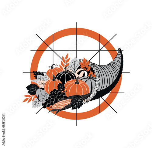 Black and white cornucopia overflowing with harvest produce, framed by bold burnt-orange circular ring and intersecting thin black lines symbolizing tradition