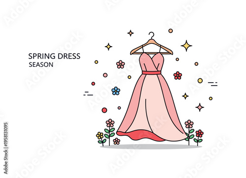 Spring dress season flowing dress on a hanger surrounded by small blooming flowers and star sparkles symbolizing light fabrics and cheerful seasonal colors.