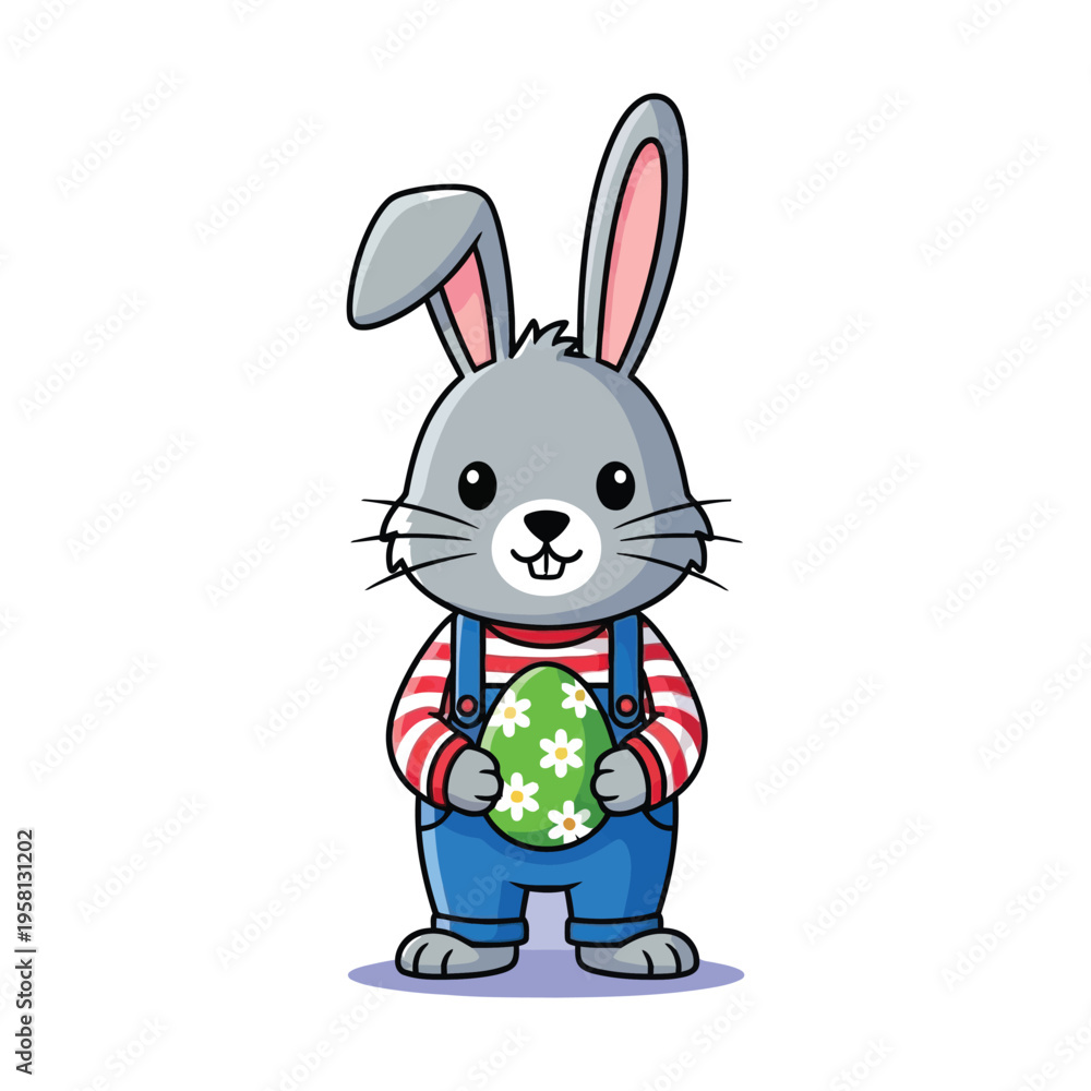 Obraz premium Cute cartoon rabbit holding a colorful decorated egg during a festive season