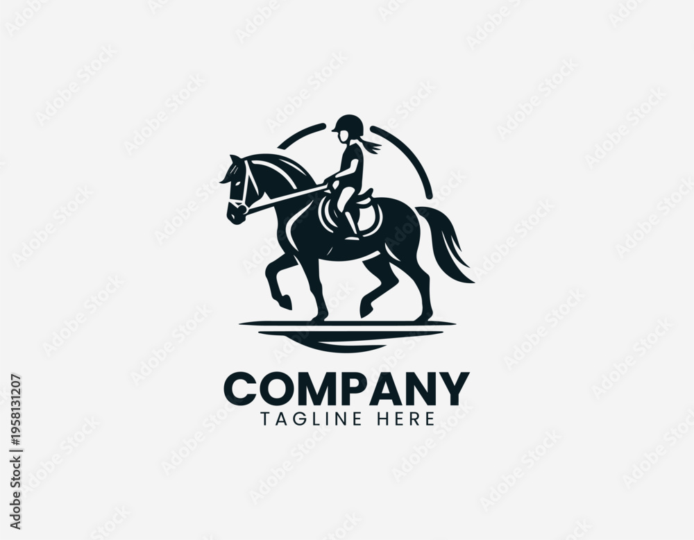 Obraz premium A young child is illustrated riding a horse in a clean modern black vector logo illustration style on a white background