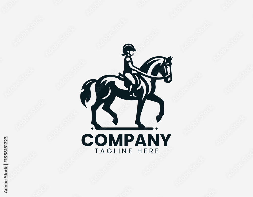 Fototapeta premium A young child is illustrated riding a horse in a clean modern black vector logo illustration style on a white background