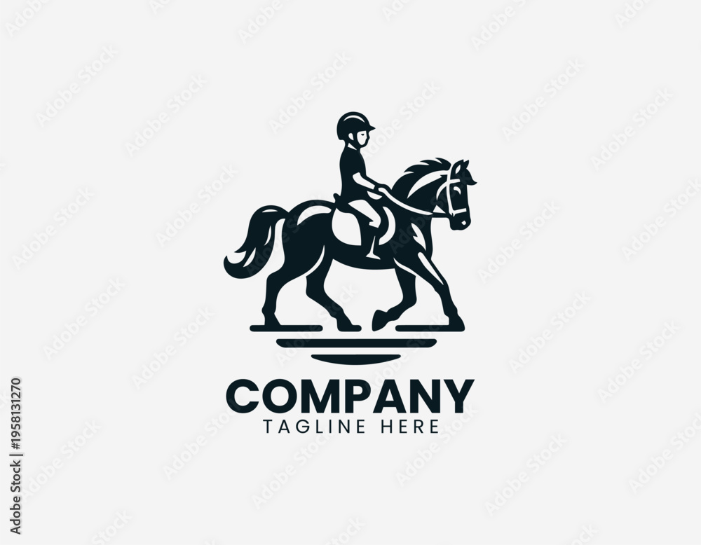 Fototapeta premium A young child is illustrated riding a horse in a clean modern black vector logo illustration style on a white background