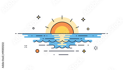 Ocean horizon at sunset glowing sun descending toward the sea while calm waves reflect soft light across the water surface. Warm scene representing peaceful