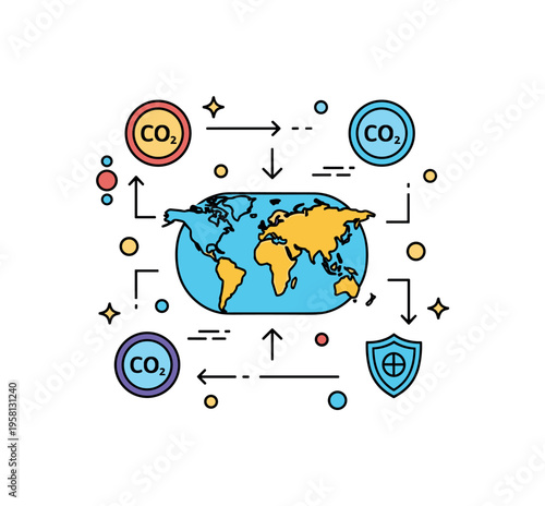 Global carbon trading system visualized with a small world map connected by arrows and eco tokens marked ?CO2?. The scene expresses international cooperation