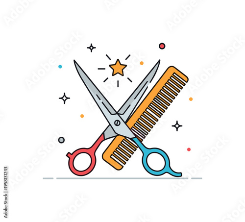 Hair cutting essentials sharp scissors crossed with a fine tooth comb in balanced symmetry, tiny star icon highlighting accuracy. A compact visual metaphor for