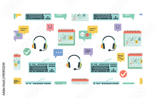 digital collaboration tools keyboards headsets chat icons calendars and task boards stylized as friendly vector elements, flat vector friendly