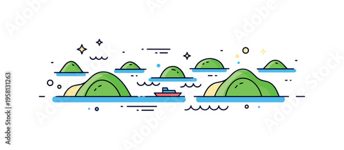 Island archipelago landscape several small green islands emerging from blue water while a tiny boat moves between them suggesting travel and exploration across