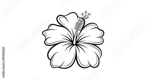 Black outline drawing of a tropical blooming hibiscus flower