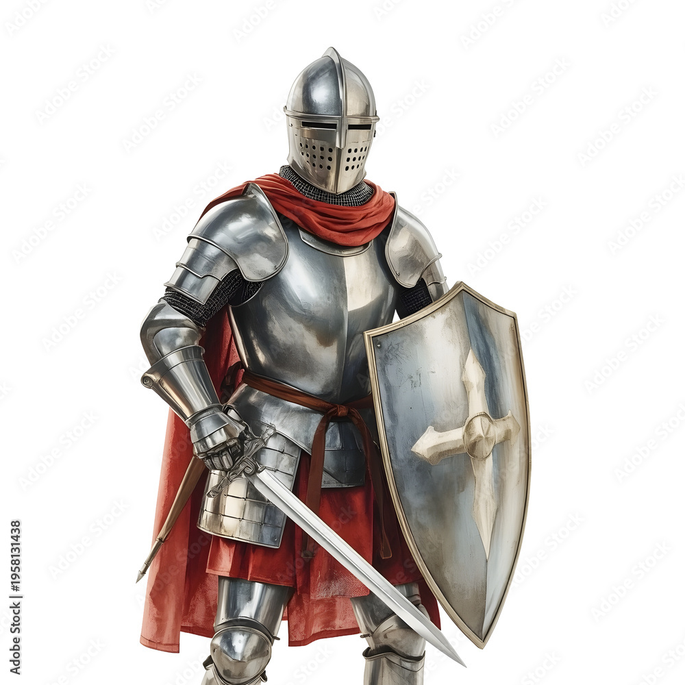 Obraz premium Medieval knight standing guard with sword and shield, wearing shining armor and a red cape