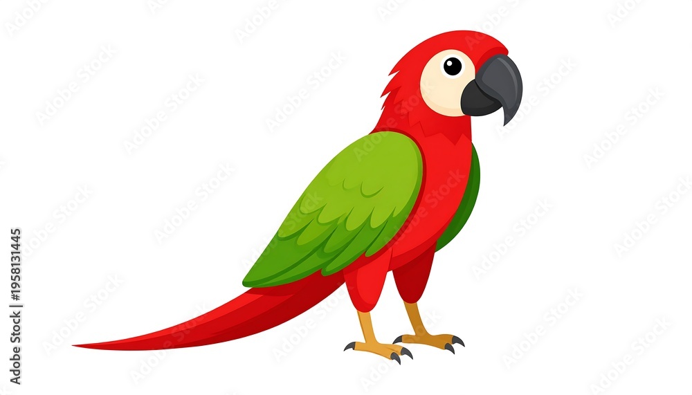 Obraz premium A vibrant red and green macaw parrot standing on a white background, cartoon style.