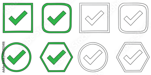 Hand-drawn cartoon and doodle set of check marks on a white background.