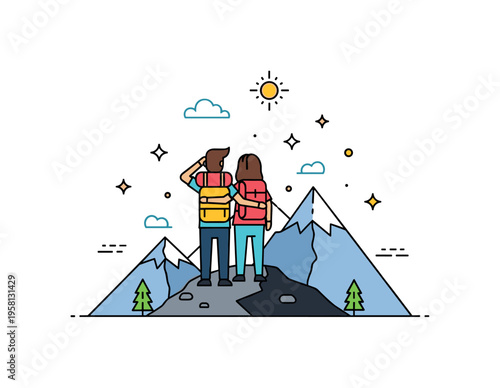 Mountain couple adventure pair standing on a small mountain peak looking toward distant hills while a tiny sun and star icons suggest fresh air and shared