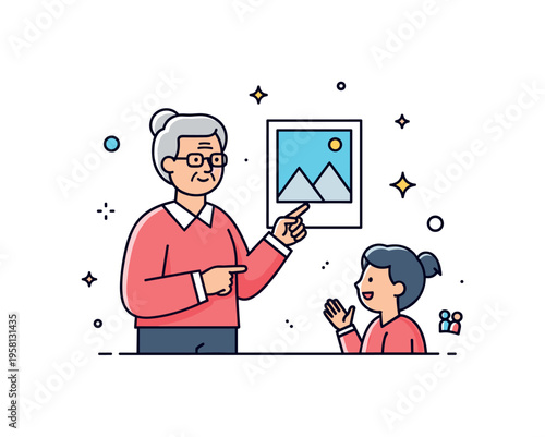 Passing down family stories a grandparent figure telling a story while pointing to a framed photograph as a child listens with curiosity, small sparkles