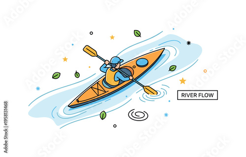 Kayaking on a peaceful river solo kayaker paddling through gentle water curves while small ripples and floating leaves surround the narrow boat. A tiny label