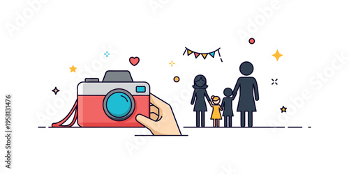 Family photography moment illustrated by a small camera icon capturing a picture of a happy family silhouette. Friendly everyday scene symbolizing celebration,