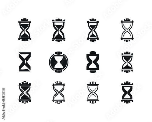 luxurious watch. Icon set. Set Logo of luxurious watch: hourglass time symbol. harmonious logo variations of the same emblematic concept, each with different