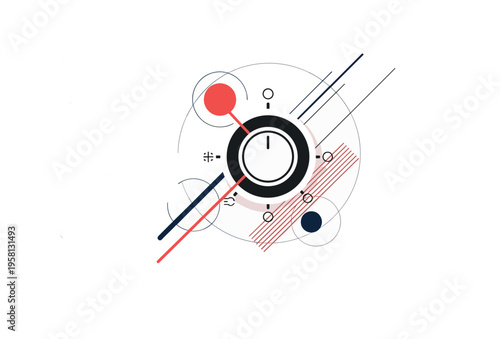 monochrome classic oven knob centered as symbol of cooking control, white cut-out outline around the dial, abstract circles and diagonal lines symbolizing heat