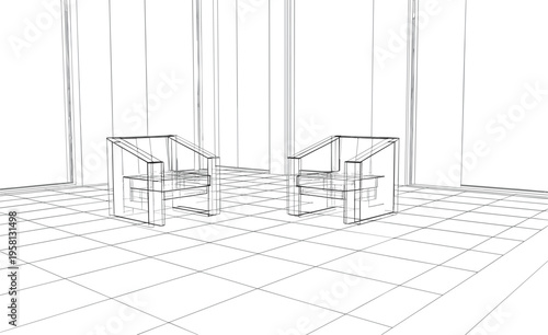 Modern interior wireframe vector, architectural 3D living room design, minimalist office furniture line art illustration