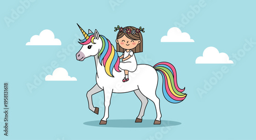 Young Girl Riding White Unicorn Fantasy Creature.