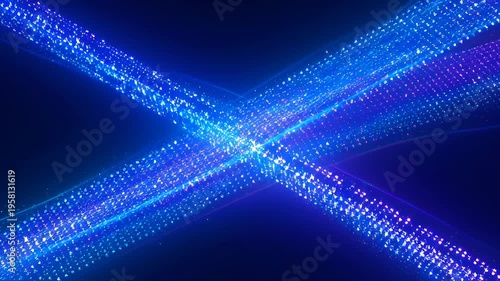 Glowing intersecting light trail particle abstract blue teal magenta neon glow motion. neon blue teal particle light trail beams crossing dark space creating vibrant glowing intersection and dynamic