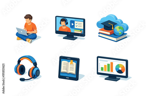 Digital learning. Isometric flat vector icons set of digital learning: student with laptop, online lesson screen, cloud education platform, headphones with