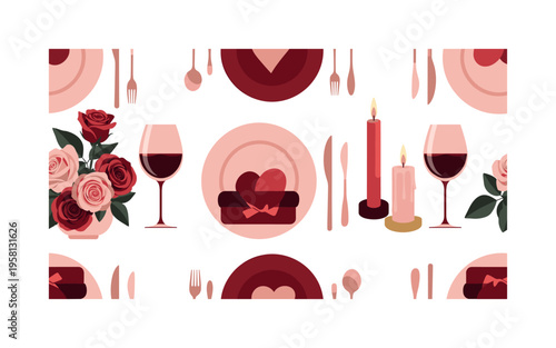 Valentine?s Day dinner table settings with romantic plates, candles, wine glasses and roses arranged in elegant composition, seamless pattern, repeating