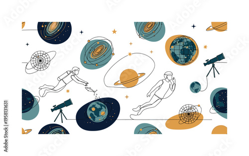 space navigation patterns seamless pattern, star maps, galaxies, coordinate grids, planets, telescopes and orbit paths arranged in a repeating pattern, white