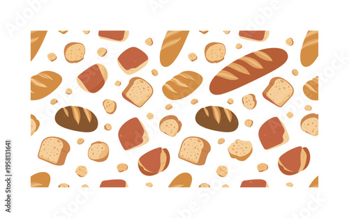 kitchen breadcrumb pattern seamless pattern, small crumbs, loaf slices, baguette pieces, crust bits and flakes arranged in a repeating pattern, white