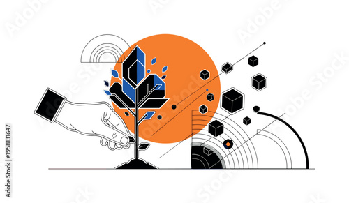 conceptual entrepreneurial scene with a hand planting a small seed growing into an abstract geometric tree, black and white cut-out elements with white contour