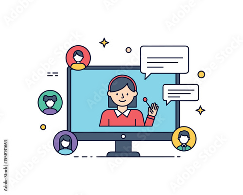 Virtual audience engagement remote presentation with a speaker on a screen while viewers connect through small reaction icons and message bubbles.