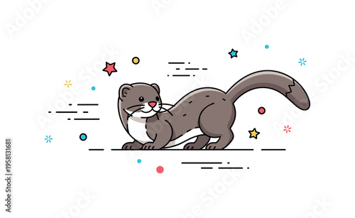 Playful mink young animal curving its long body while small star shapes and motion lines suggest lively movement and curiosity. The composition captures the