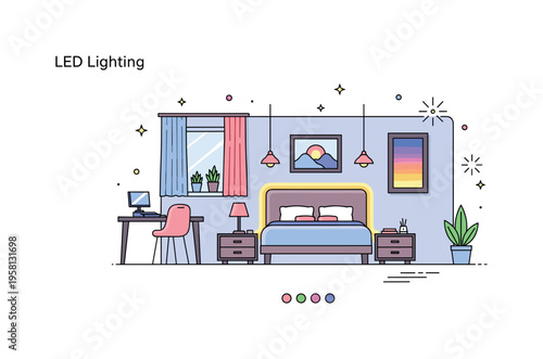 LED lighting modern bedroom with RGB LED strips accenting furniture and walls representing ambiance, mood lighting, and creative interior solutions. Decorative