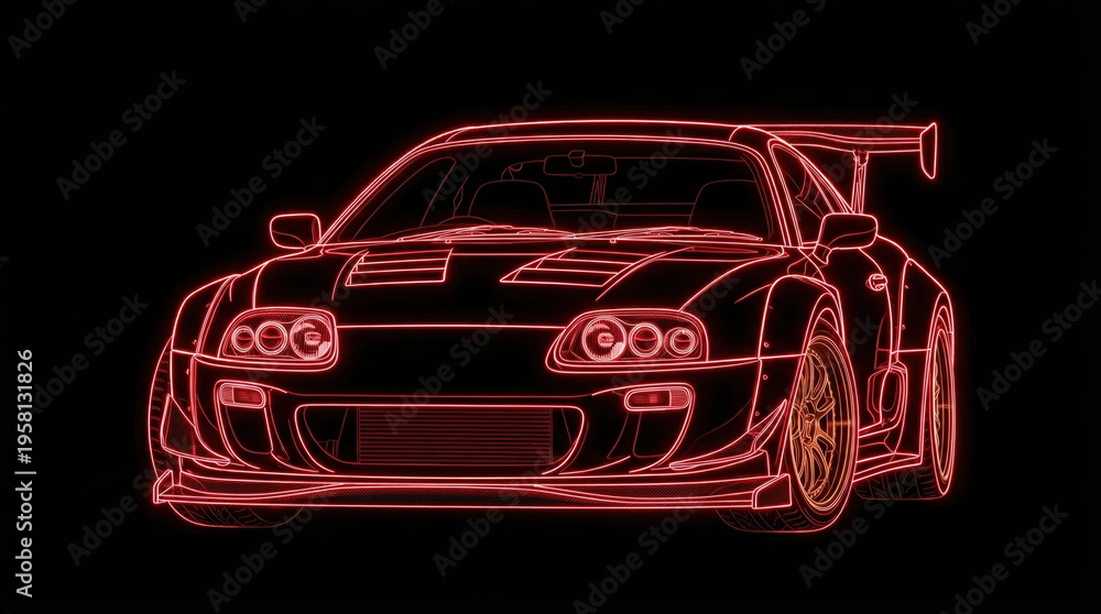 Naklejka premium Abstract glowing neon wireframe illustration of a 90s Japanese twin-turbo widebody tuner coupe on a black background, synthwave cyberpunk automotive design. 