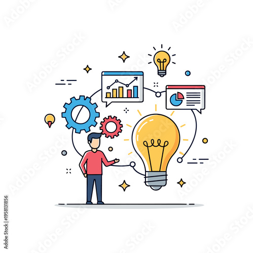 Entrepreneurial vision moment founder standing beside a glowing lightbulb connected to gears and chart icons suggesting innovation and strategy. Concept