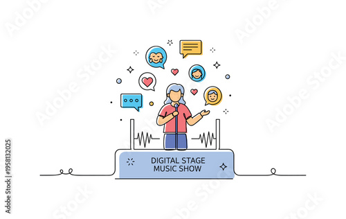 Digital Stage Music Show. Minimalistic one-line drawing performer on stylized digital stage with sound waves symbolizing an online concert, continuous single
