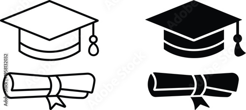 Graduation cap and scroll diploma outline and solid black icon set for academic achievement and education milestones including mortarboard with tassel and rolled certificate for students
