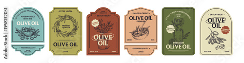 Set of olive oil labels in vintage style. Tags of natural and organic products with engraved sketches on templates. Layouts with tree branches and fruits for bottles. Flat vector illustrations