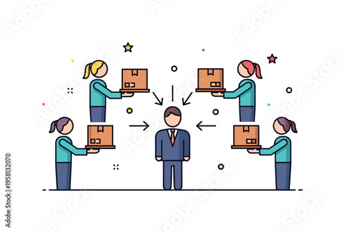 Competitive market scene multiple small sellers offering similar boxes toward one central buyer silhouette. A concise editorial icon about competition and
