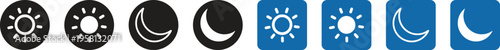 Weather forecast icons set with sun and moon symbols inside circles and squares for day and night modes featuring bright white sun for clear day and crescent moon for clear night sky designs