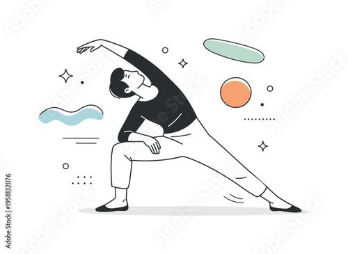 Body expression. A single actor stretching and bending in a theatrical pose, exploring movement and balance. Calm yet powerful scene with floating abstract