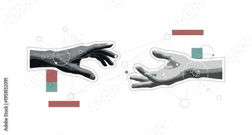 two black and white hands reaching toward each other but not touching, symbol of understanding and empathy, white cut-out outline around hands, floating