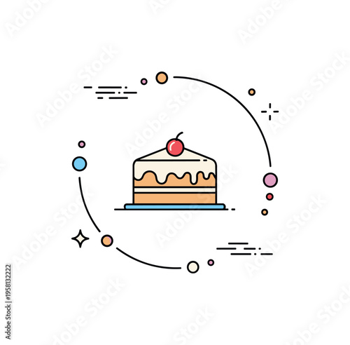 Cute tiny cake icon scene showing a single pastel frosted dessert centered within subtle circular outline, expressing playful elegance and modern bakery