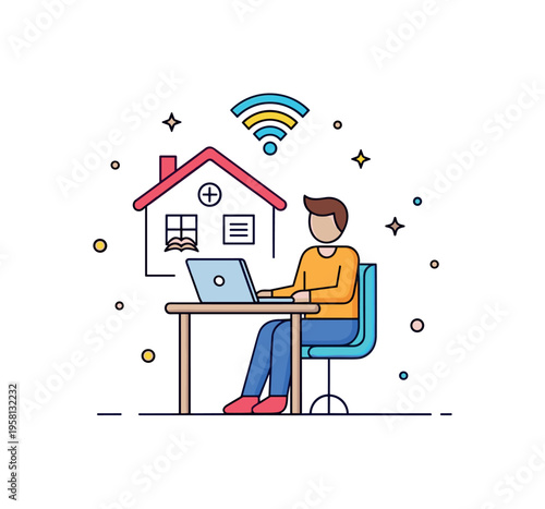 Remote student study scene illustrated by a figure seated at a desk with laptop and subtle WiFi signal icon above, expressing home based education