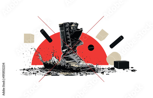 dramatic close-up of soldier boots splashing through battlefield mud, black and white retro photography collage with white outline effect, bold red semicircle
