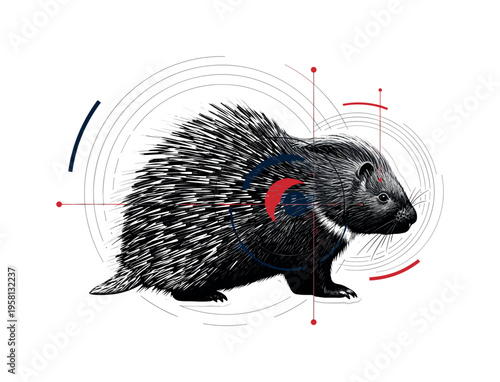 black and white porcupine seen from the side with detailed quill texture, cut-out collage effect with white outline, concentric circular graphics and thin