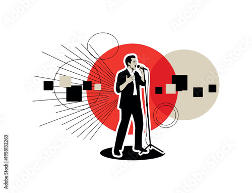 retro style black and white singer performing into a microphone on a small stage, figure cut out with white contour outline, bold red circle behind the